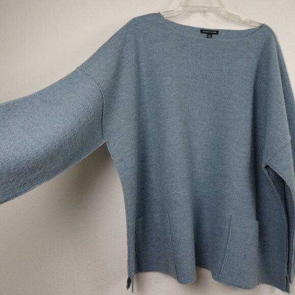 Eileen Fisher Boat Neck Top Women's Plus Size 1X Blue Wool Boxy - Picture 3 of 9